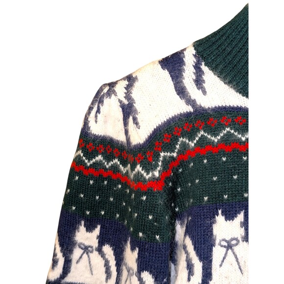 Vintage 80s Karen Scott Cat Sweater Medium Fair Isle Angora Blend Christmas Cozy - Picture 4 of 10